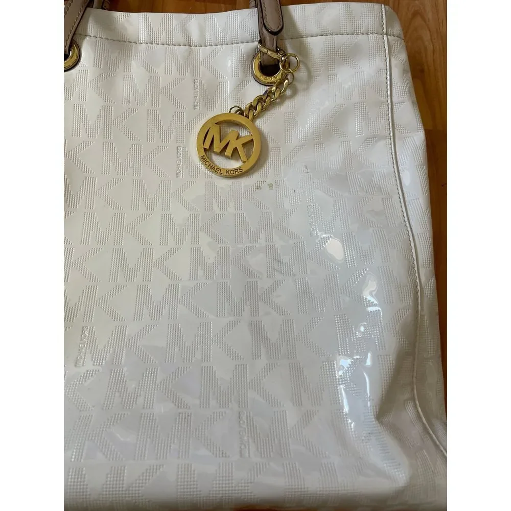 Michael Kors Jet Set‎ Glossy White MK Signature Tote Bag  Large